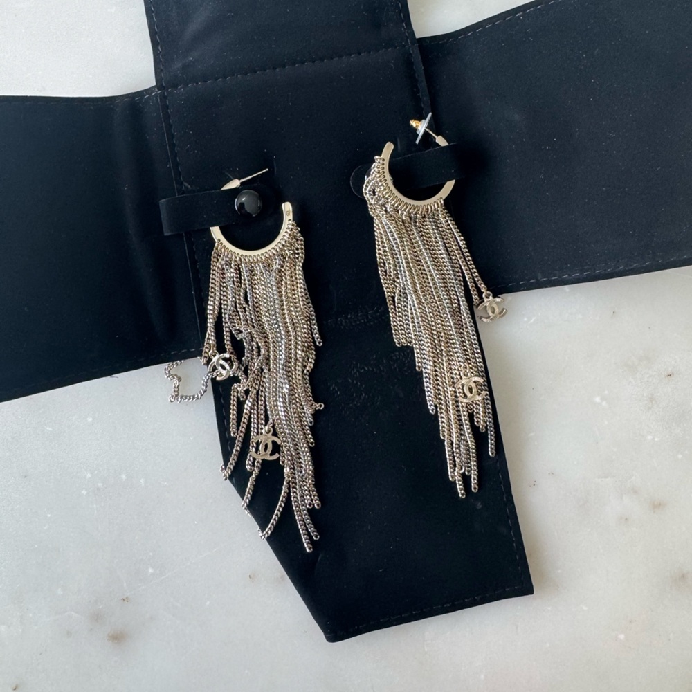Chanel Fringe Gold Chain Hoop Earrings - Picture 4 of 6